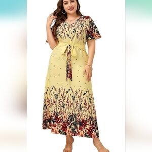 Plus Size Women Short Sleeve V Neck Bohemian Beach Maxi Dress slip
